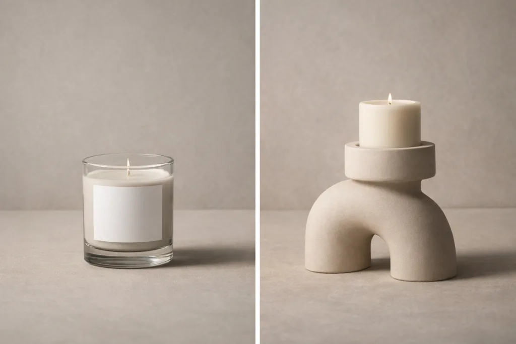 The Luxury Playbook: What Candle Brands Can Learn from Fashion Houses 2 Side by side comparison of a generic glass candle jar and a distinctive sculptural luxury candle vessel with strong silhouette