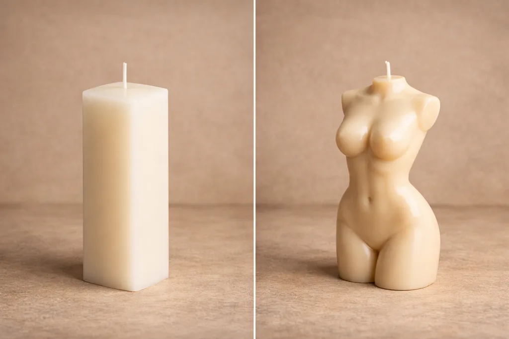 Why Shaped Candle Mold Cost Matters More Than Wax 4 comparison between simple geometric candle and complex sculptural candle showing difference in production difficulty
