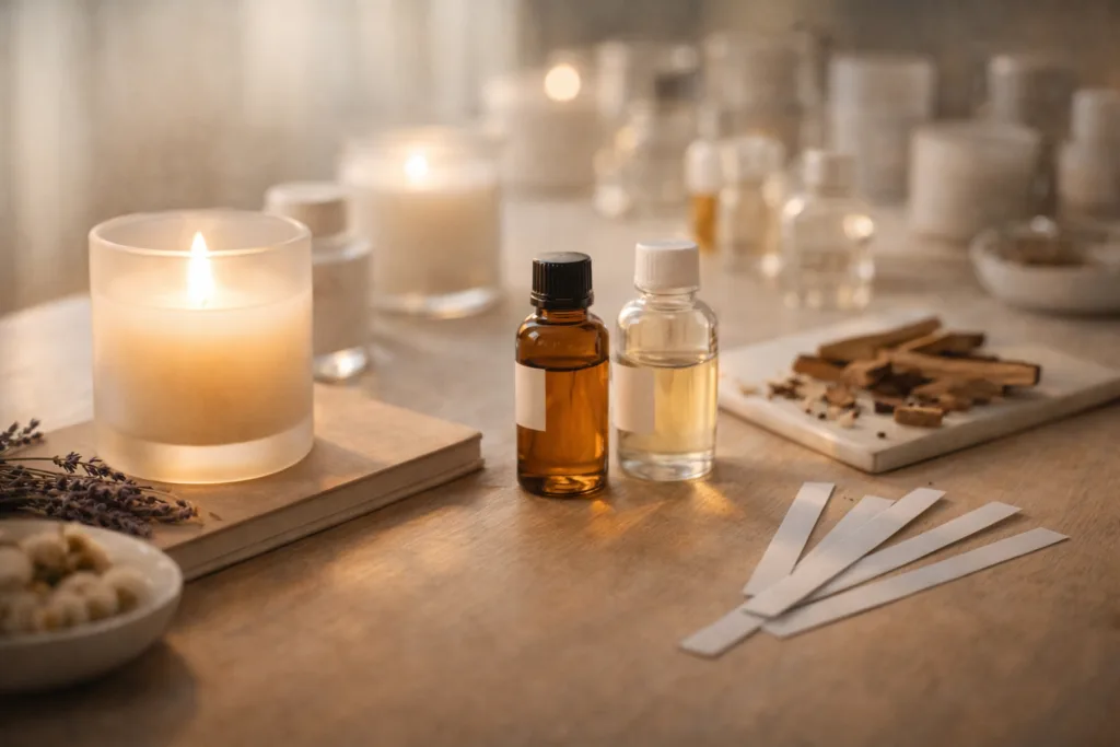 Best Sleep-Focused Candle Lines: What Brands Should Build Now 2 candle fragrance development workspace with lavender chamomile sandalwood notes, glass jars, fragrance oil bottles and testing strips, soft natural lighting, wellness candle formulation concept