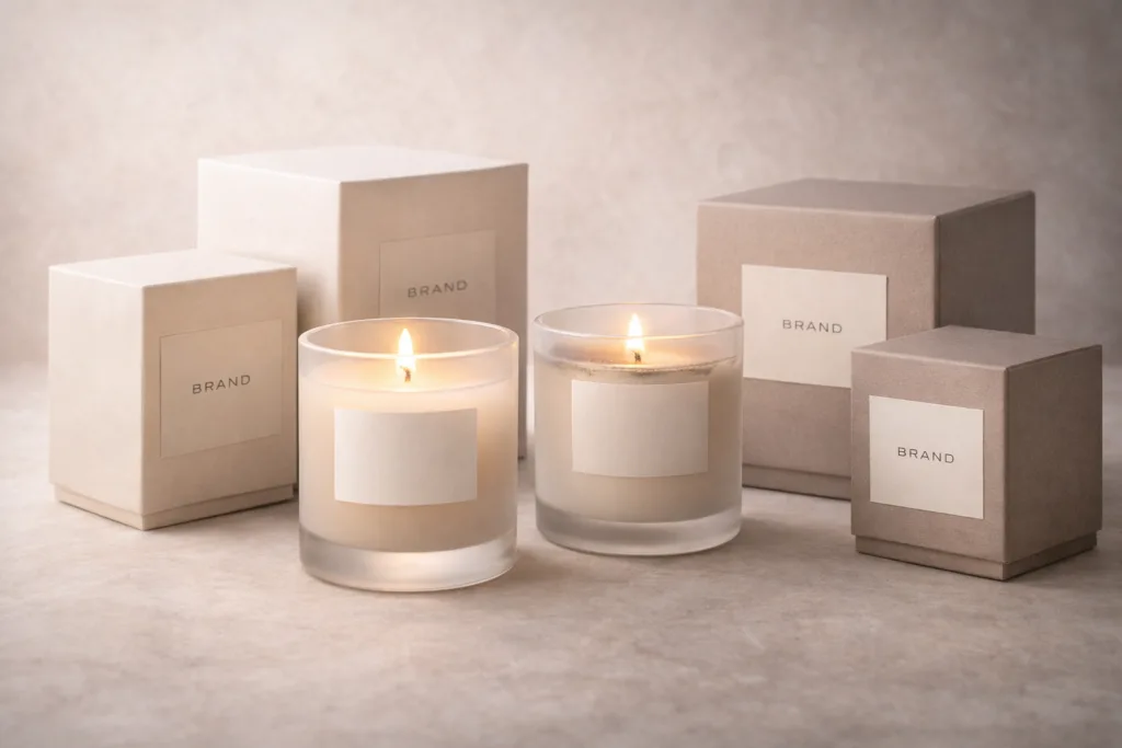 Best Sleep-Focused Candle Lines: What Brands Should Build Now 4 minimalist sleep candle packaging with frosted glass jars, neutral color palette, soft touch boxes, elegant branding, luxury wellness product presentation