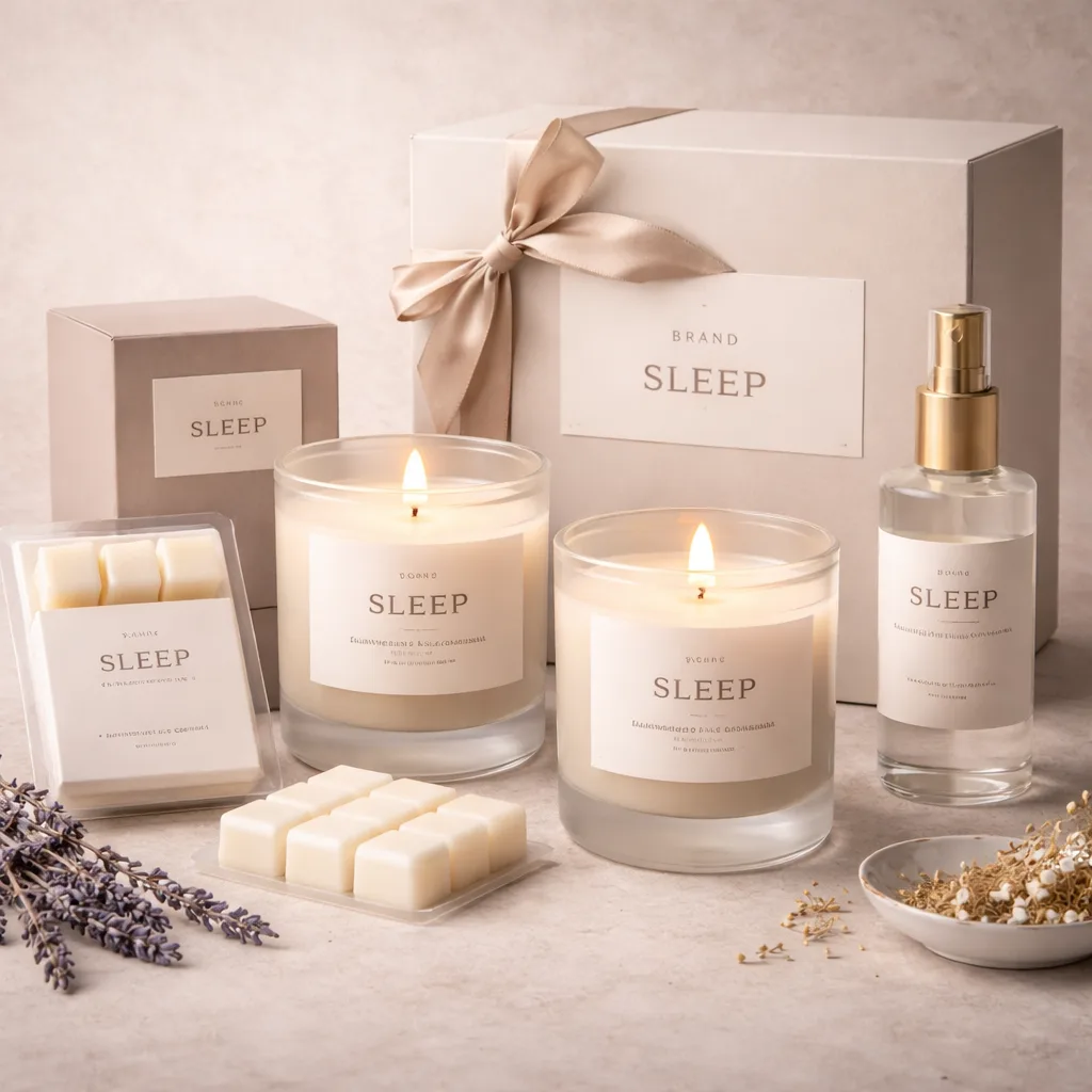 Best Sleep-Focused Candle Lines: What Brands Should Build Now 5 complete sleep-focused candle product line including glass jar candles, wax melts, room spray and gift set packaging arranged in structured layout, wellness branding concept