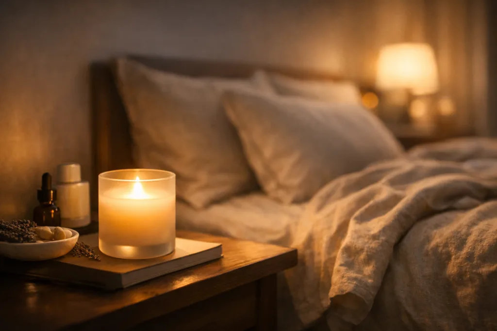 Best Sleep-Focused Candle Lines: What Brands Should Build Now 1 luxury sleep-focused candle line displayed on bedside table with soft lighting, frosted glass candle, calming neutral tones, linen bedding, night-time wellness atmosphere, premium home fragrance styling