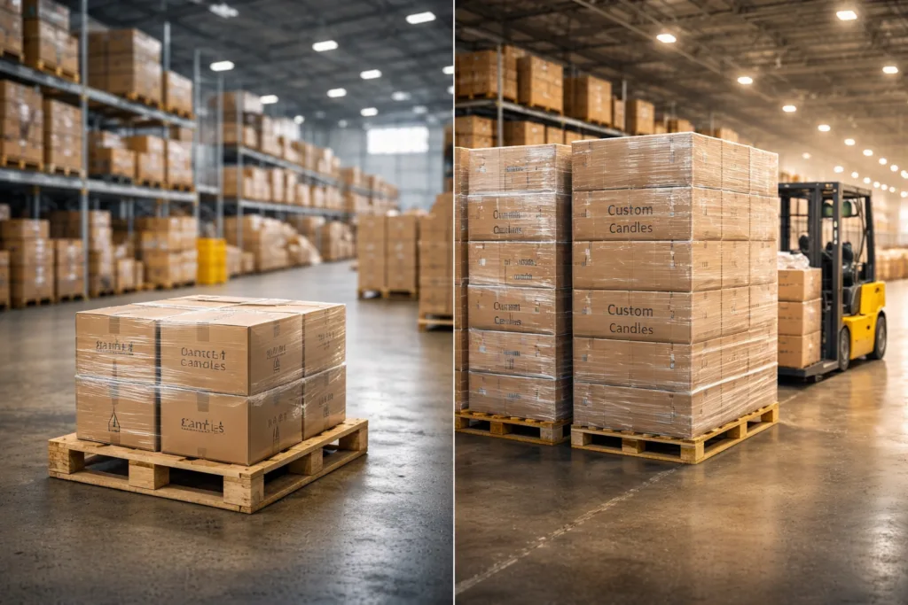 Best Custom Candle MOQ Guide: Why High Customization Costs More 2 warehouse pallets showing difference between small batch candle production and large scale custom candle manufacturing orders
