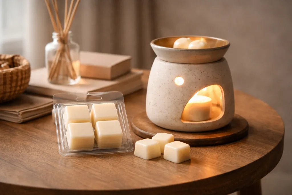 Jar Candles vs Shaped Candles vs Wax Melts: Which Sells Best for Your Brand? 4 soy wax melts cubes with fragrance warmer creating cozy home fragrance atmosphere