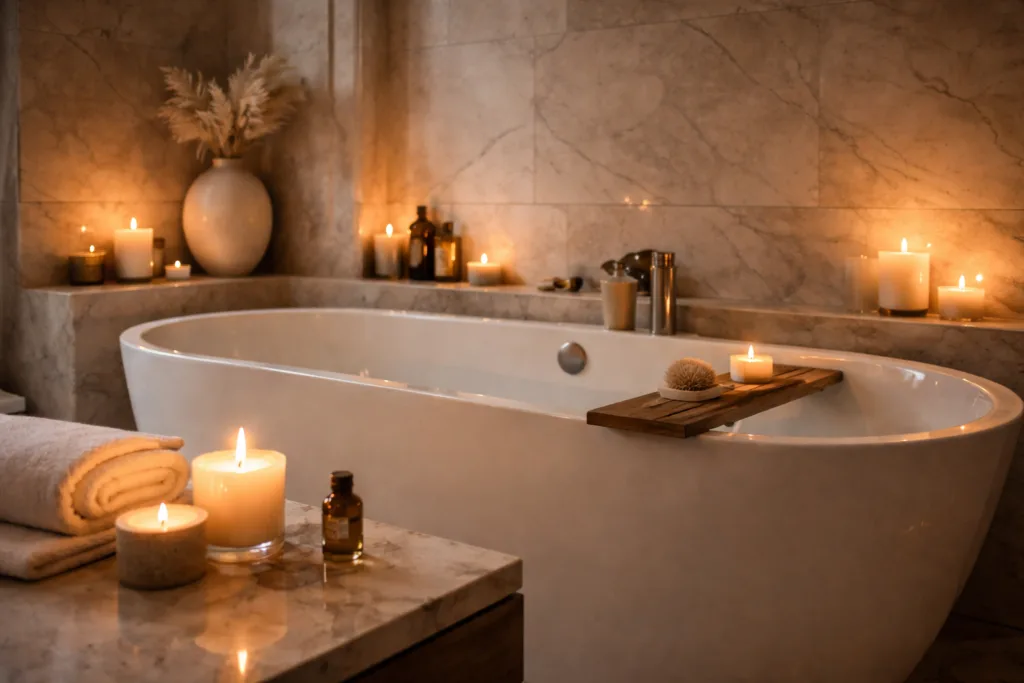 Best Luxury Candles for Interior Design Spaces: How Designers Add Depth, Mood, and Value 4 luxury spa bathroom with freestanding bathtub and scented candles creating relaxing interior design atmosphere
