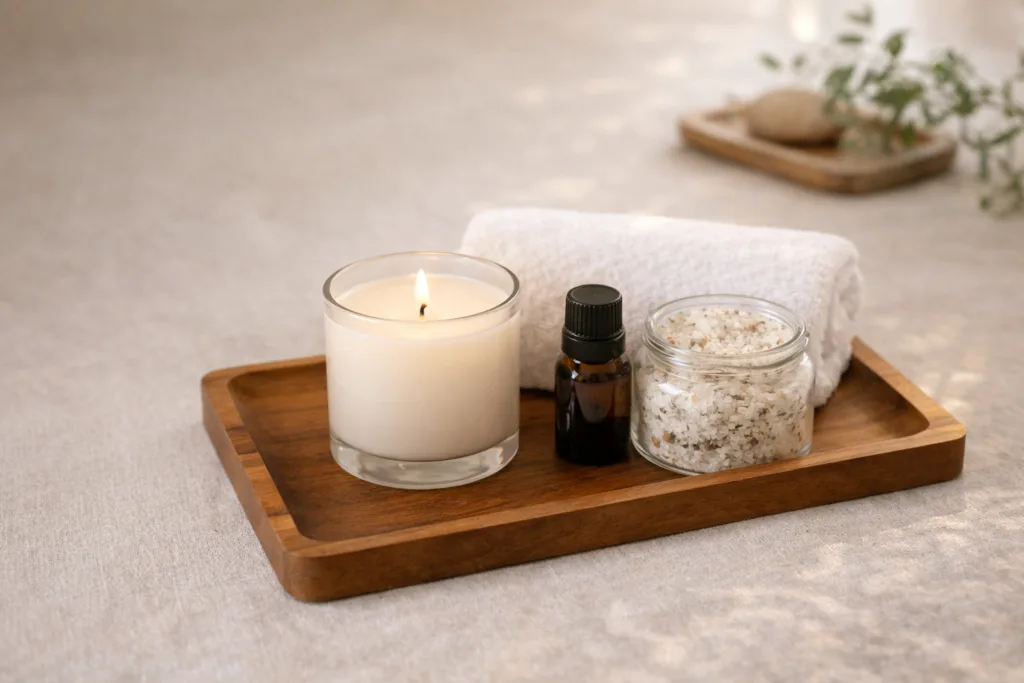 Top 10 Candle Gift Set Ideas That Retailers Can Sell All Year 3 spa relaxation candle gift set including scented candle bath salt rolled towel and essential oil arranged on neutral spa table