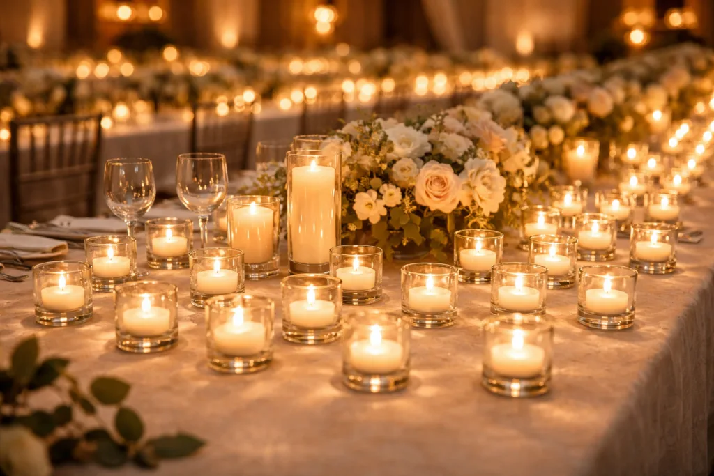Bulk Tealight Candles for Wedding: Wholesale Guide for Retailers & Event Brands 2 high density tealight candles arrangement on wedding table for ambient lighting
