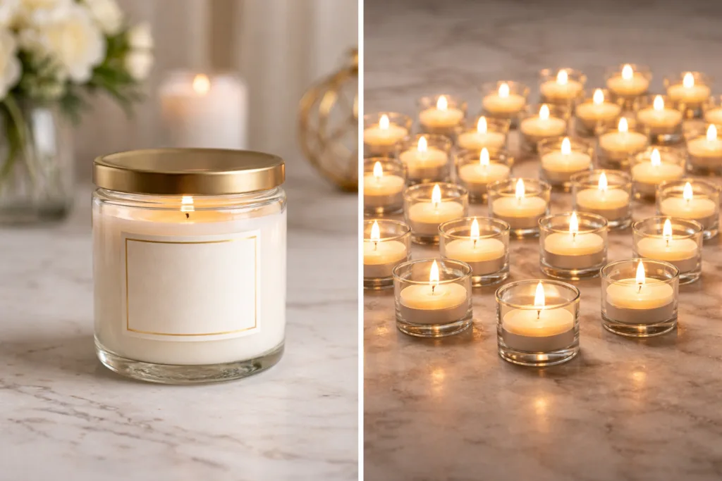 Bulk Tealight Candles for Wedding: Wholesale Guide for Retailers & Event Brands 3 comparison between single luxury candle and multiple tealight candles showing volume based business model