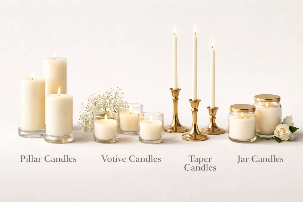 Best Bulk Candles for Wedding: A Complete Wholesale Buying Guide 2 comparison of wedding candle types including pillar candles votive candles taper candles and glass jar candles arranged side by side on neutral background