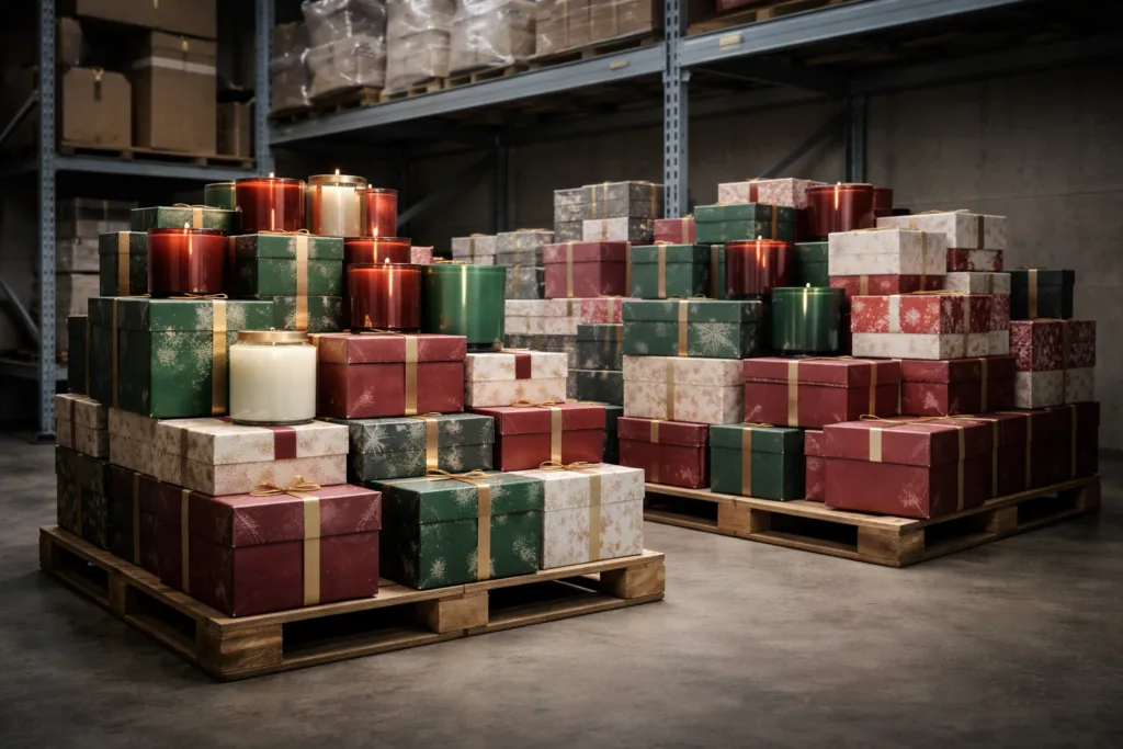 Top 12 Weaknesses of Seasonal Candle Collections 2 Conceptual visualization of candle business revenue concentrated in Q4 season, candles stacked high in one corner and empty shelves in off-season environment, minimalist studio lighting, no logos