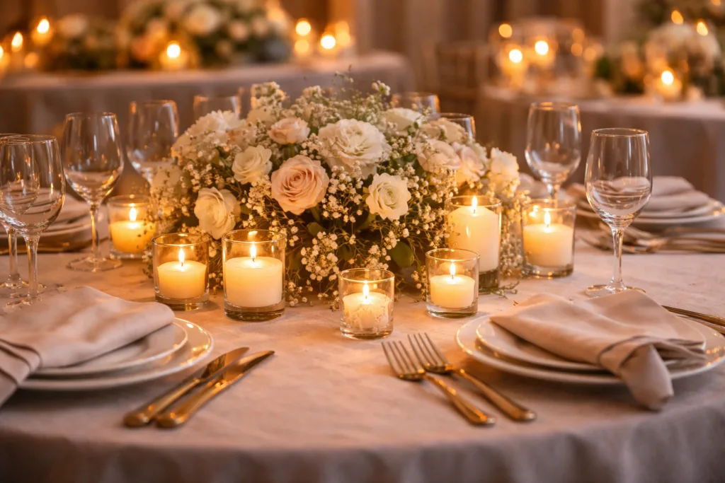 Best Bulk Candles for Wedding: A Complete Wholesale Buying Guide 4 wedding reception table with votive candles creating warm atmosphere elegant table setting glass holders and floral centerpieces