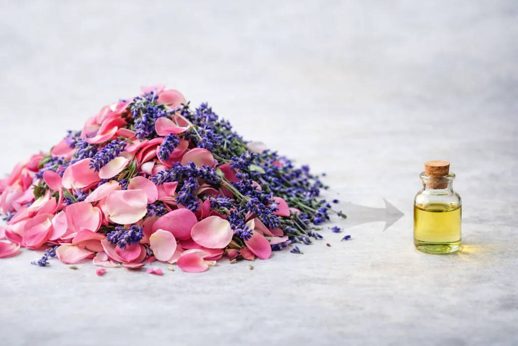 Essential Oils vs Fragrance Oils in Candles: What Brands Don’t Tell You 2 large amount of rose petals and lavender flowers used to produce small bottle of essential oil