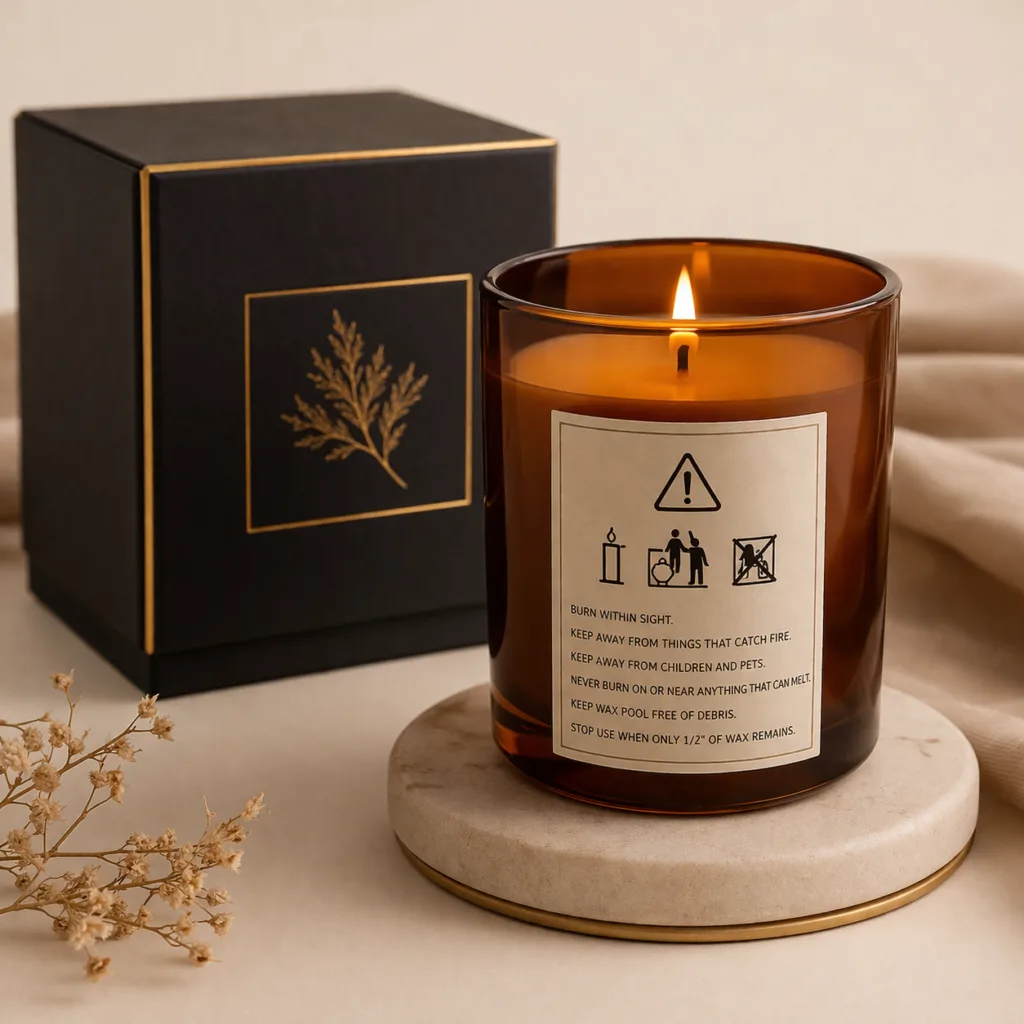 Top 15 Candle Compliance Checklist for US, EU & UK 1 luxury candle with visible safety label and premium packaging showing compliance-focused product design