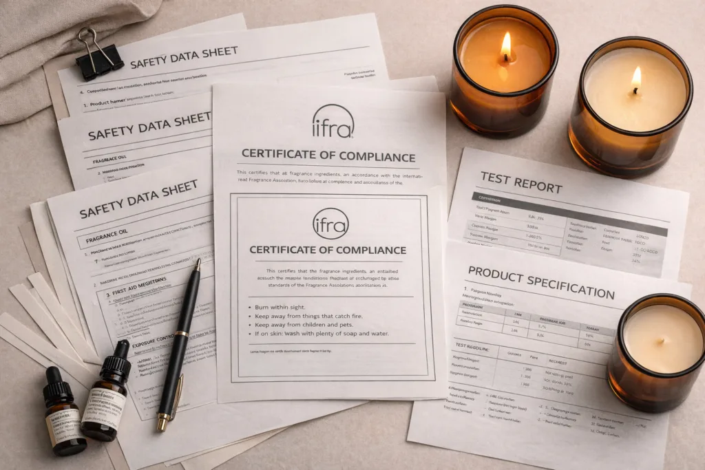 Top 15 Candle Compliance Checklist for US, EU & UK 3 candle packaging showing EU CLP hazard symbols and compliance labeling details