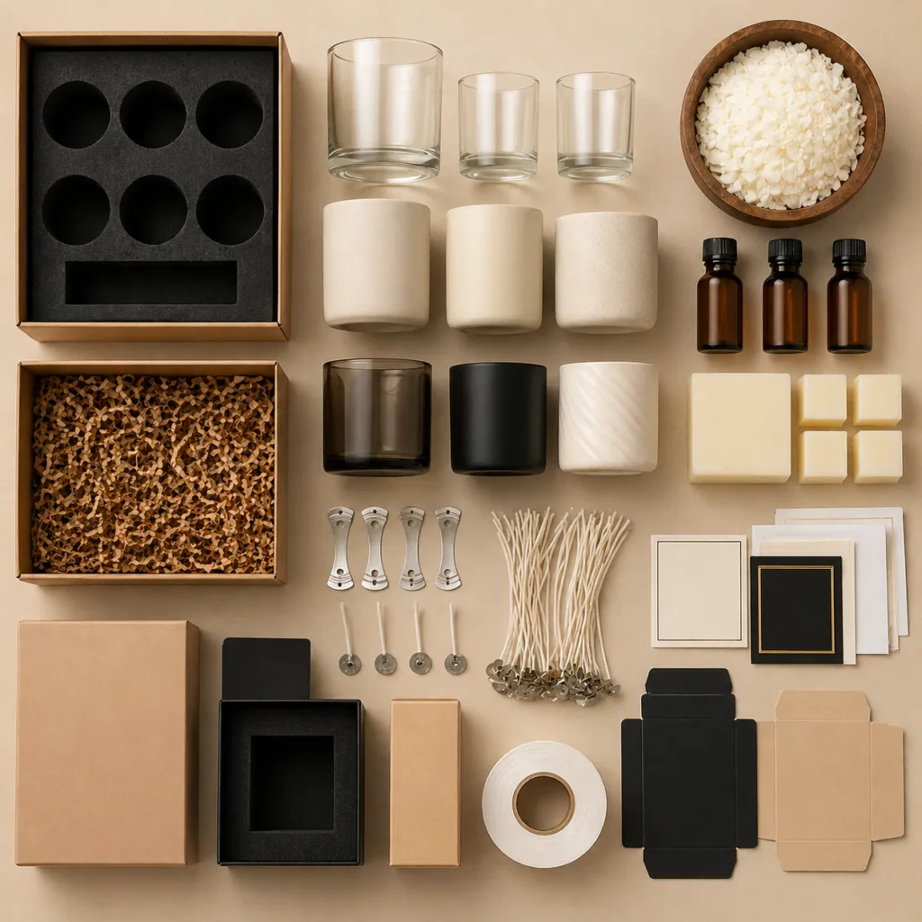 Candle Manufacturing Cost Per Unit: MOQ 100 vs 500 vs 1000 (Real Pricing Breakdown) 2 candle manufacturing cost structure showing vessel wax fragrance packaging and labeling components in organized layout