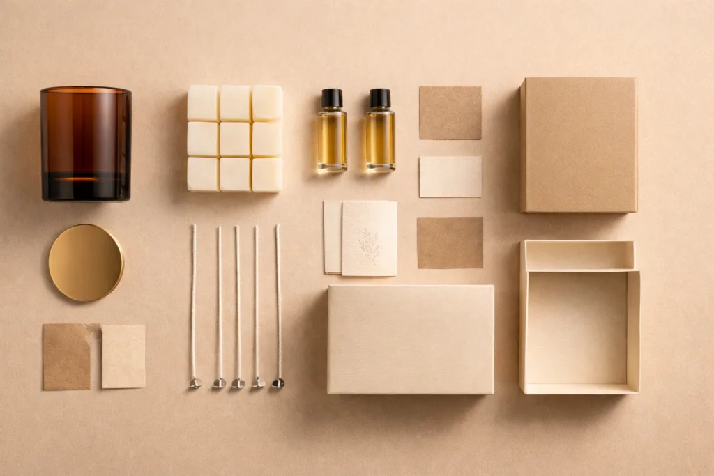 Real Cost Breakdown: Private Label Candle (2026) 2 flat lay of candle components including glass jar wax fragrance oil packaging box and labels arranged neatly showing cost structure neutral background minimal style