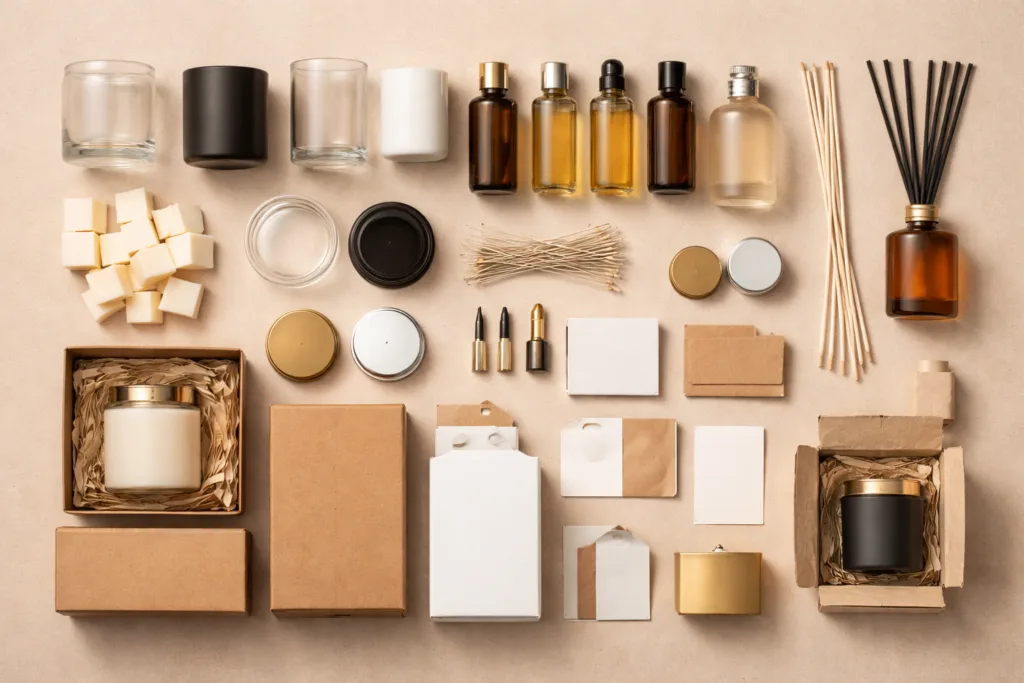 Best 7-Step Hotel Candles Procurement Guide for Buyer 3 flat lay of candle and reed diffuser components including jars wax fragrance oil bottles reeds and packaging materials