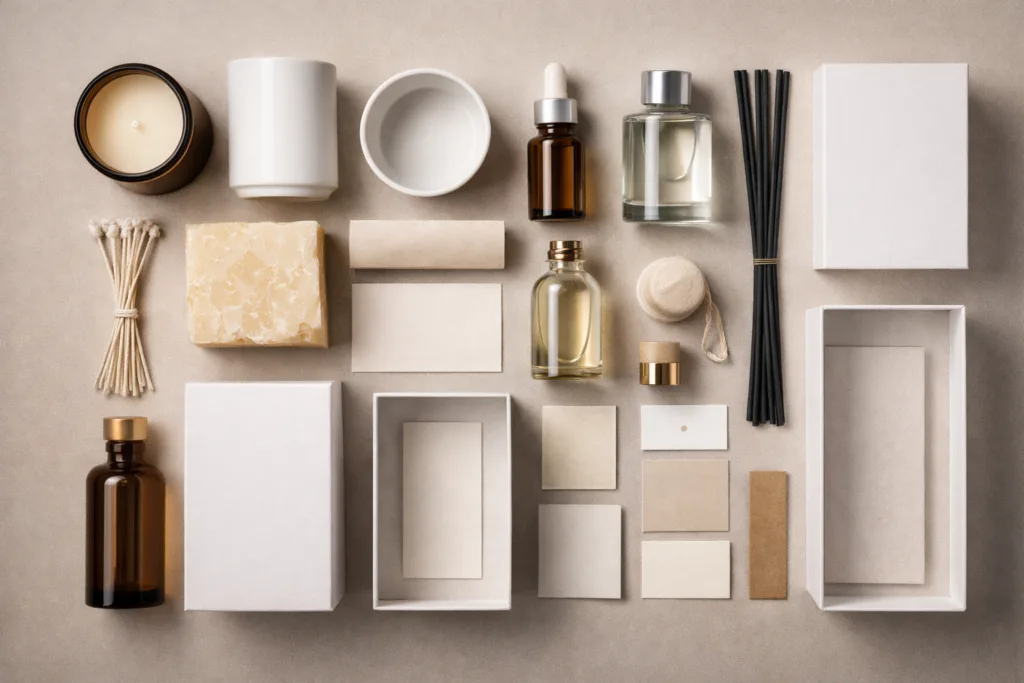 Candle vs Diffuser: Which One Is More Profitable for Boutique Brands? 2 flat lay of candle and diffuser components including glass jars wax fragrance oil reeds bottles packaging boxes arranged in structured layout showing supply chain elements