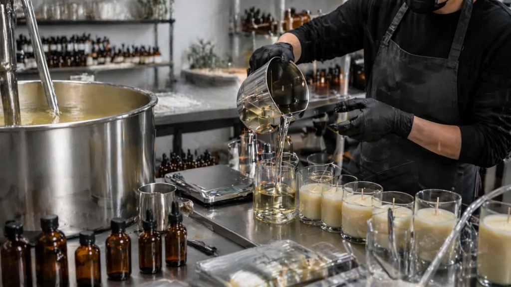 Why Candle Samples Take Time (And How to Speed Up the Process) 3 candle fragrance development and wax pouring process in professional manufacturing environment