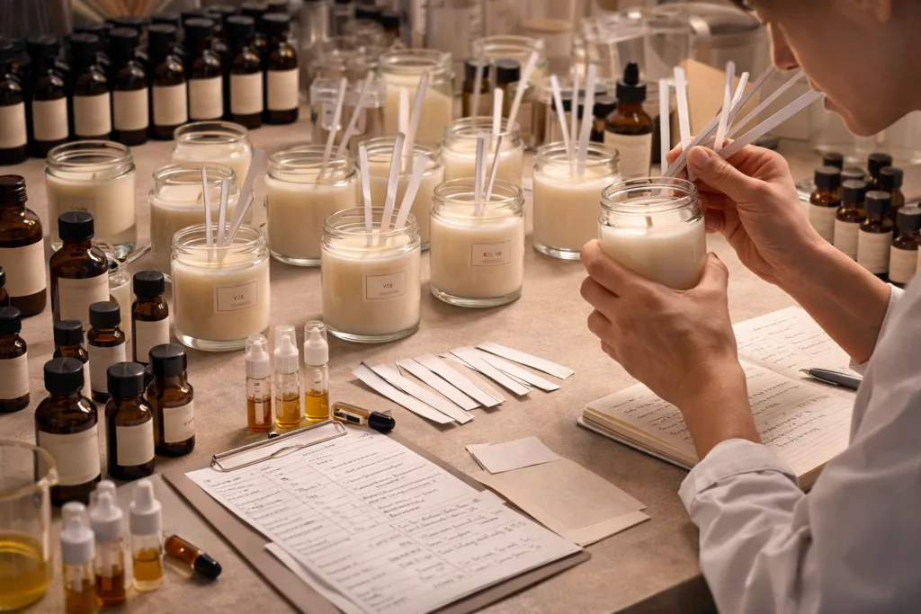 Top 12 Candle Supplier Audit Points for Reliable Sourcing 3 candle fragrance development lab with multiple scent samples and fragrance oils for testing and evaluation
