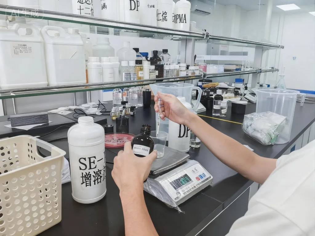 Inside a Professional Candle Fragrance Lab: From Library to Custom Scent 6 Technician weighing and mixing fragrance ingredients with a dropper and precision scale in a candle formulation laboratory, surrounded by raw materials and bottles.