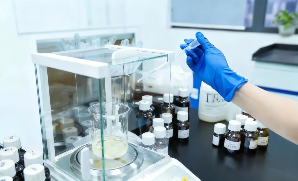 Inside a Professional Candle Fragrance Lab: From Library to Custom Scent 5 Laboratory technician measuring liquid ingredients with a dropper on a precision balance, surrounded by fragrance oil bottles during candle formulation testing.
