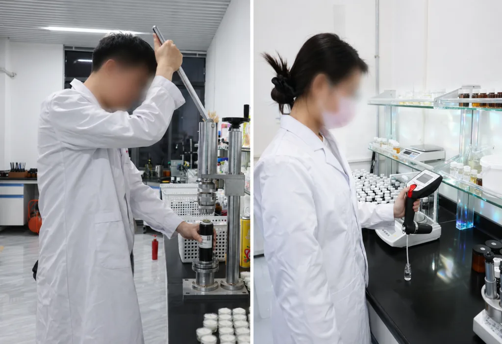 Inside a Professional Candle Fragrance Lab: From Library to Custom Scent 4 Two lab technicians working in a professional candle fragrance laboratory, conducting quality control and testing with bottles, samples, and precision equipment in a clean environment.