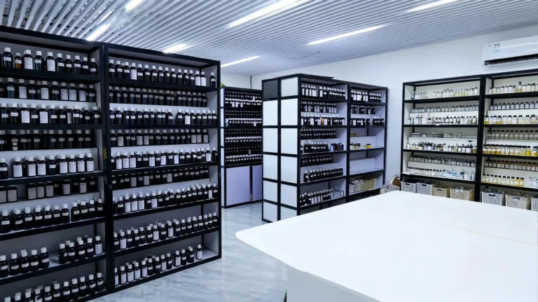 Large fragrance library in a candle laboratory, featuring shelves filled with labeled scent bottles organized for formulation and product development.