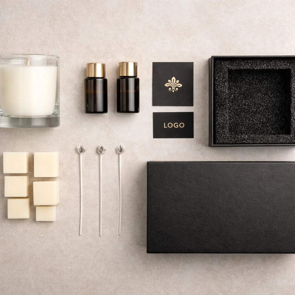 500 Sets Candle Gift Set Cost Breakdown: Real Supplier Pricing, MOQ & DDP Shipping Explained 2 flat lay of candle gift set components including jar wax fragrance packaging and insert