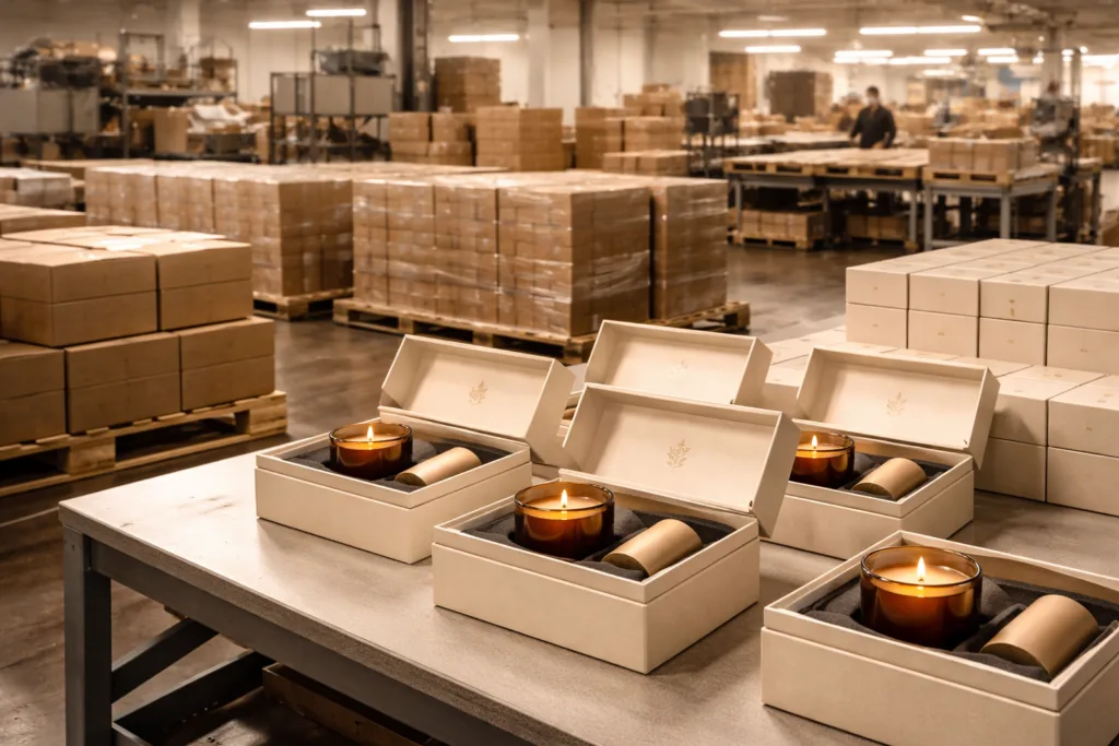 Real Cost Breakdown: Private Label Candle (2026) 5 bulk production of candle gift sets with amber glass candles rigid packaging boxes arranged in factory setting professional supply chain environment