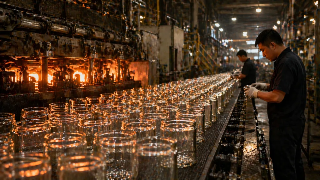 Why You Can’t Order 100 Custom Candles (And It’s Not About the Wax) 3 industrial glass candle jar manufacturing production line showing large scale batch production