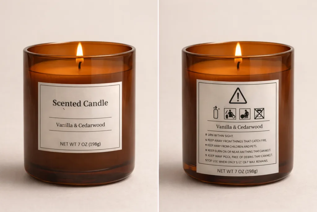 Top 15 Candle Compliance Checklist for US, EU & UK 2 comparison between compliant and non compliant candle labels showing missing safety warnings