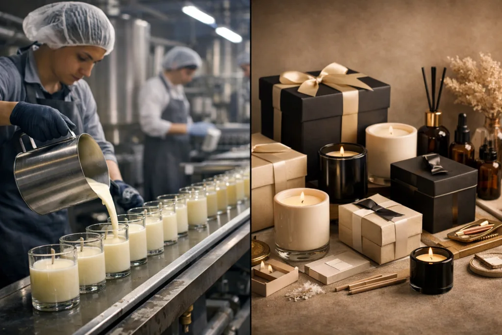 Candle Manufacturer vs Candle Supplier: What’s the Real Difference for Your Brand? 1 candle manufacturer vs candle supplier comparison showing factory production line and finished retail candle products