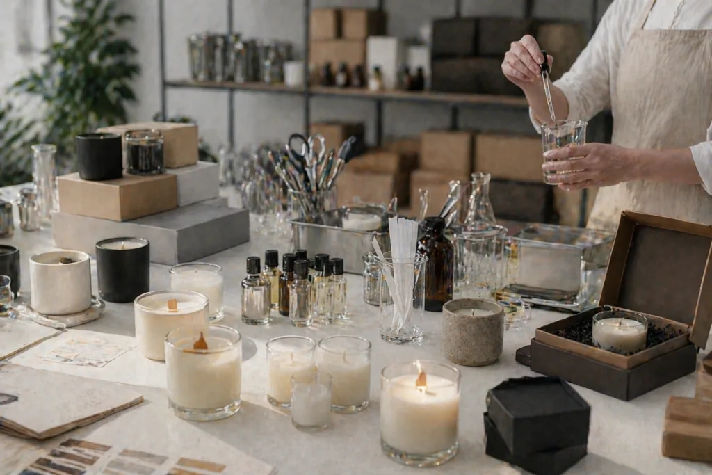 Best Candle Materials for Private Label (2026 Guide) 9 candle manufacturing and fragrance development process with samples and packaging
