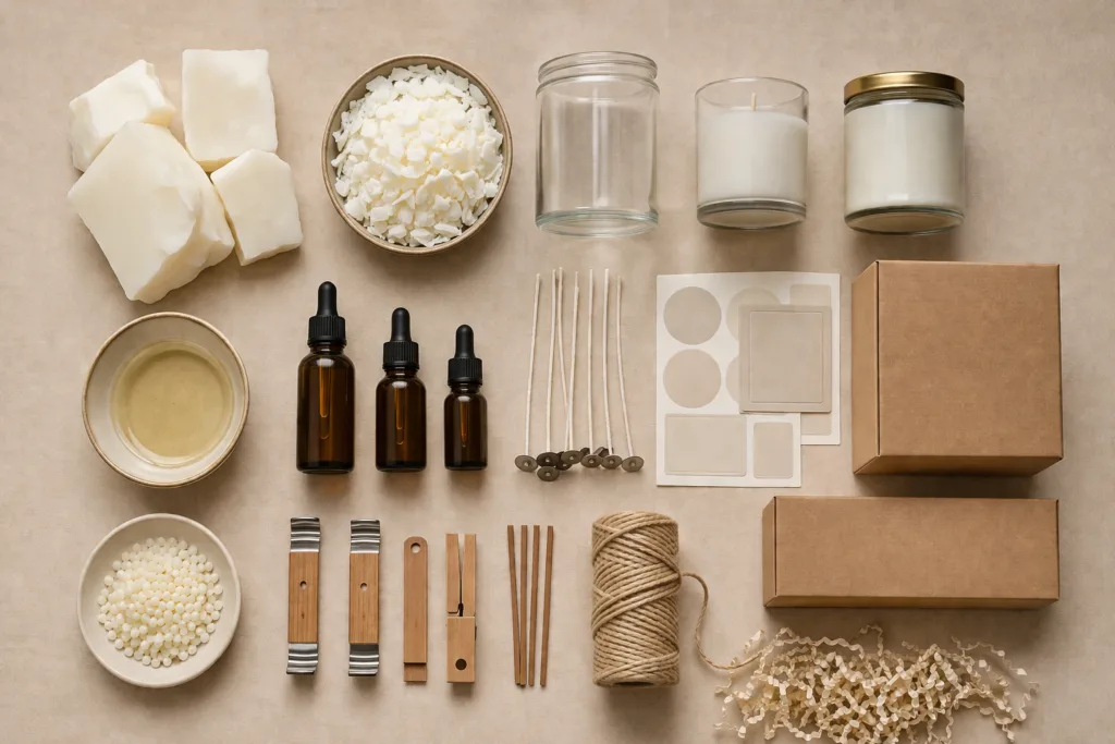 Best Candle Materials for Private Label (2026 Guide) 2 candle material system components including wax, fragrance oil, wick, vessel and packaging