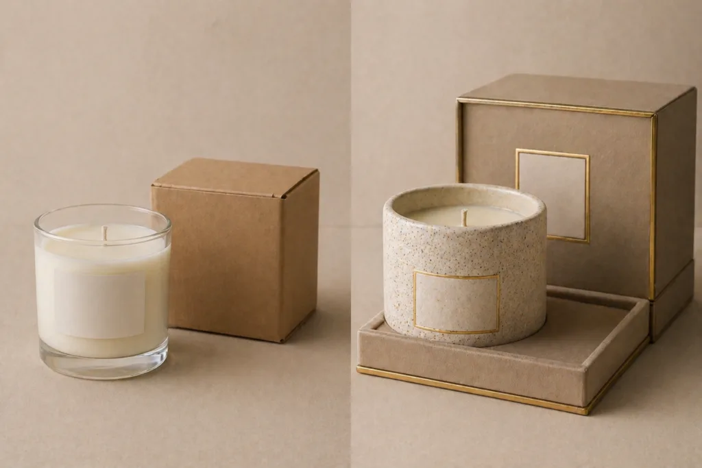 Best Candle Materials for Private Label (2026 Guide) 8 comparison of low MOQ candle versus high customization candle showing production differences