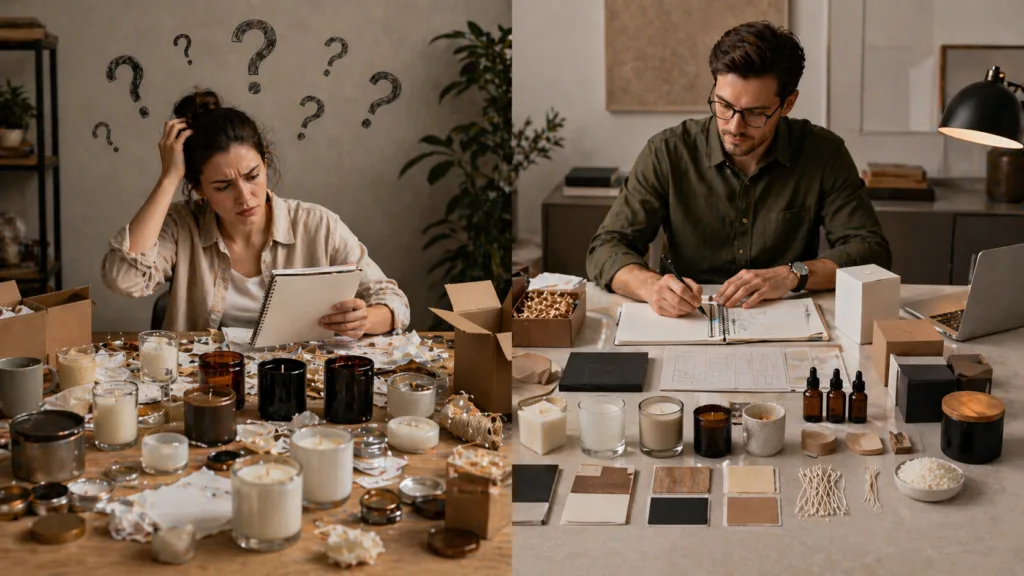 Why You Can’t Order 100 Custom Candles (And It’s Not About the Wax) 5 comparison of beginner buyer vs professional buyer candle sourcing strategy concept visual