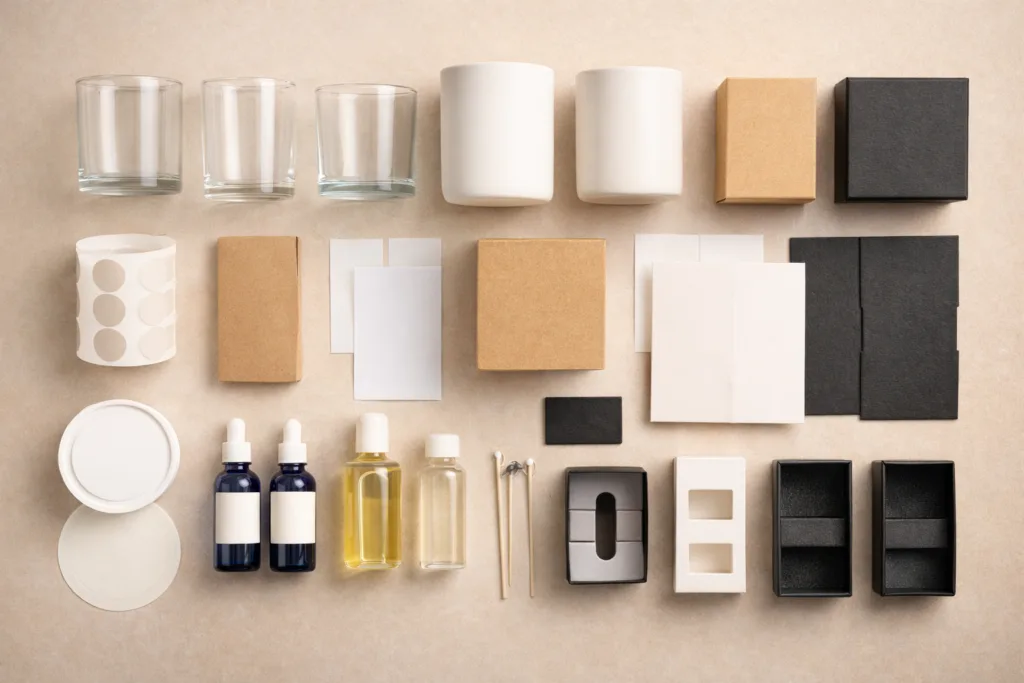 Home Fragrance for Boutique Brands: Candles, Diffusers & Private Label Options 3 candle production components including jars packaging and fragrance materials affecting minimum order quantity