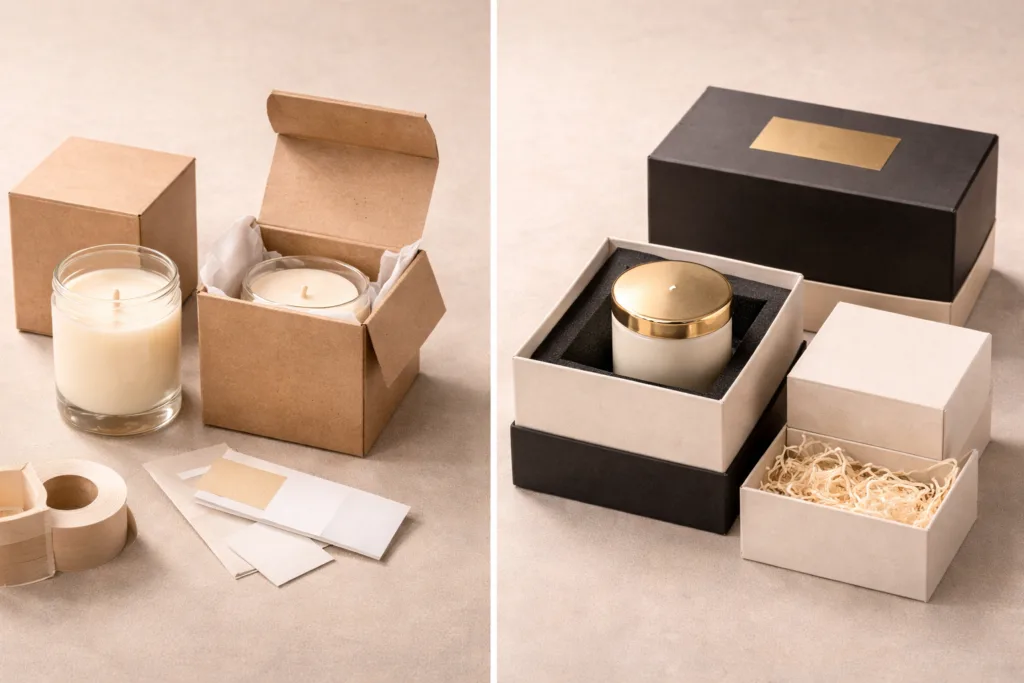 Top 12 Candle Supplier Audit Points for Reliable Sourcing 4 comparison between basic candle packaging and luxury rigid box packaging showing difference in perceived value