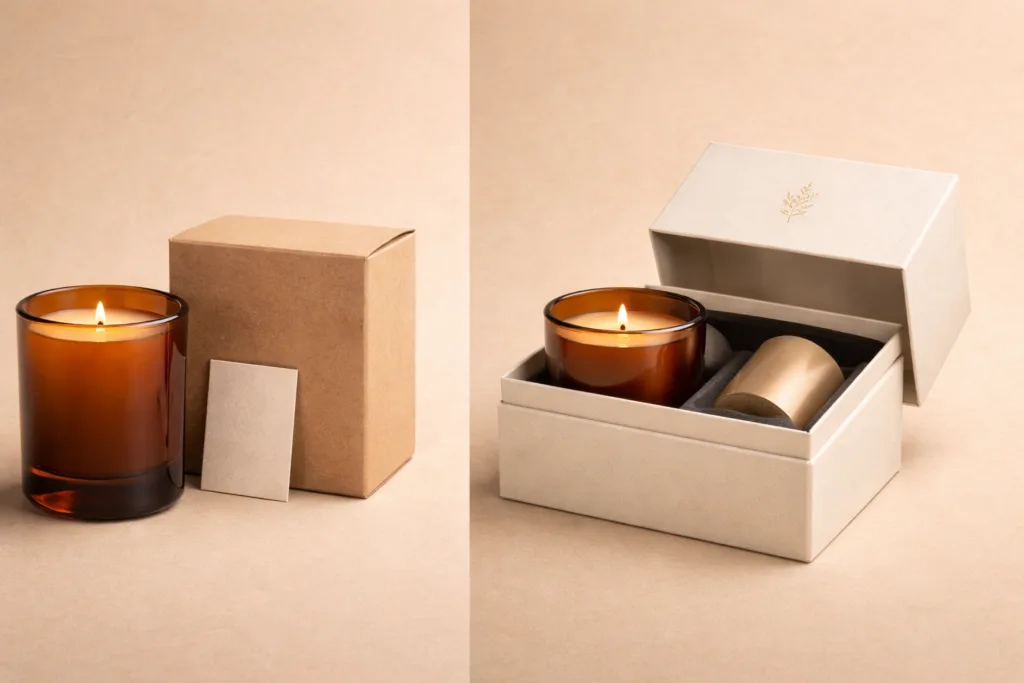 Real Cost Breakdown: Private Label Candle (2026) 3 side by side comparison of candle packaging basic folding carton vs luxury rigid gift box with foam insert high end product photography neutral background