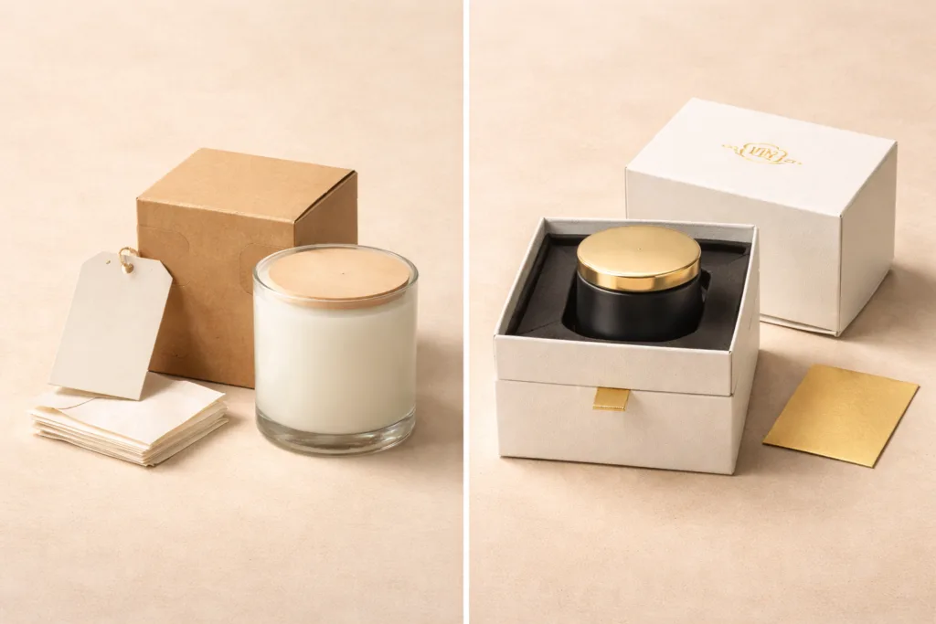 Best 7-Step Hotel Candles Procurement Guide for Buyer 4 comparison of candle packaging showing simple folding carton versus luxury rigid gift box with foam insert