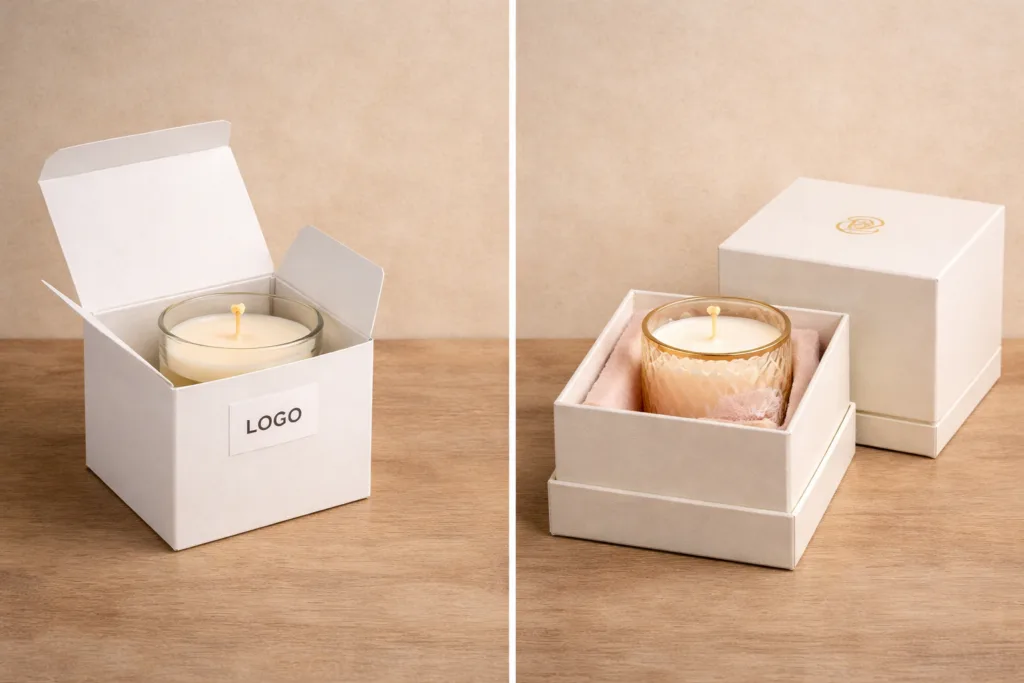 Common Mistakes in Candle Product Development (And How to Avoid Them) 4 comparison of simple folding carton candle packaging and luxury rigid gift box with premium presentation