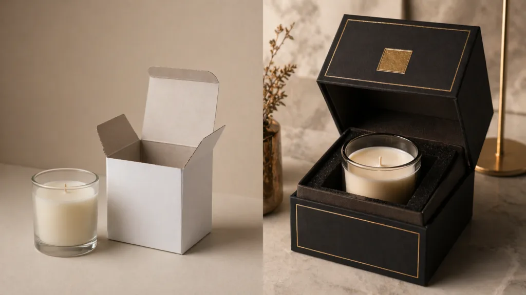 Why You Can’t Order 100 Custom Candles (And It’s Not About the Wax) 4 comparison between simple candle packaging and luxury rigid box packaging showing cost and complexity difference