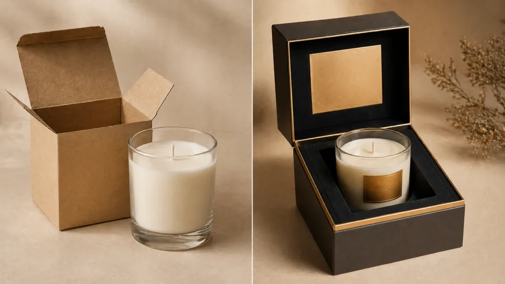 Candle Manufacturing Cost Per Unit: MOQ 100 vs 500 vs 1000 (Real Pricing Breakdown) 4 comparison of simple candle packaging versus luxury rigid gift box with insert showing difference in perceived value