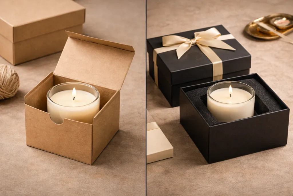 Candle Manufacturer vs Candle Supplier: What’s the Real Difference for Your Brand? 4 comparison of basic candle packaging and luxury rigid gift box packaging showing difference in perceived value