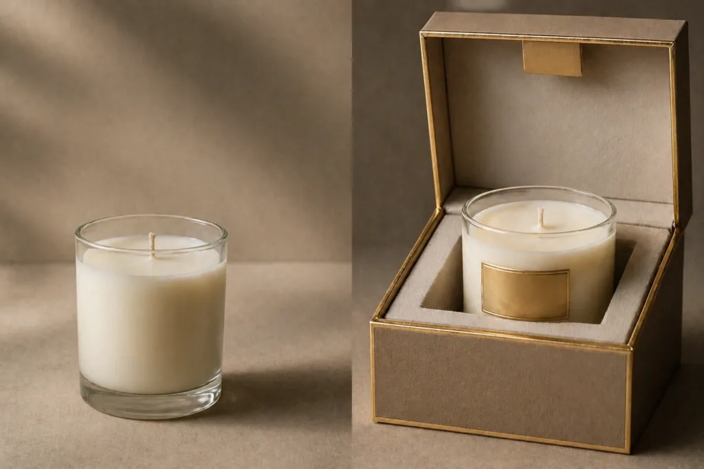 Best Candle Materials for Private Label (2026 Guide) 7 comparison of simple candle versus luxury candle with premium gift box packaging