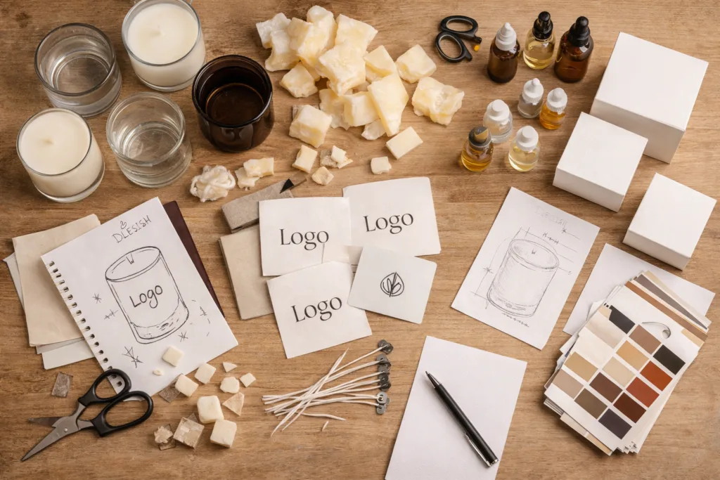 Common Mistakes in Candle Product Development (And How to Avoid Them) 2 candle product development process with jars wax fragrance oils packaging and design samples on workspace