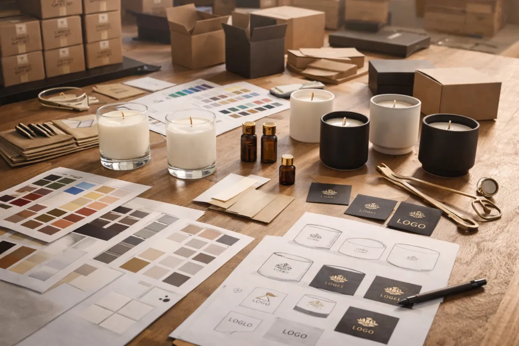 500 Sets Candle Gift Set Cost Breakdown: Real Supplier Pricing, MOQ & DDP Shipping Explained 5 candle product development workspace with jars packaging samples and fragrance oils