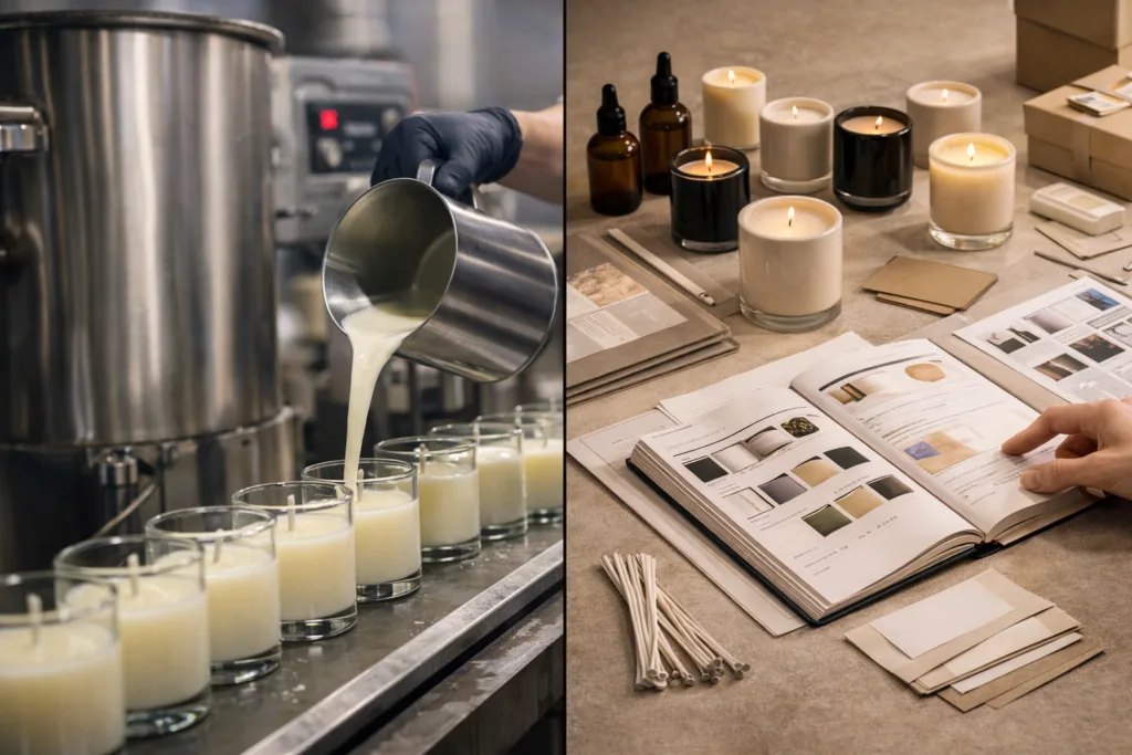 Candle Manufacturer vs Candle Supplier: What’s the Real Difference for Your Brand? 3 candle production process compared with sourcing and product selection workspace showing manufacturer vs supplier roles