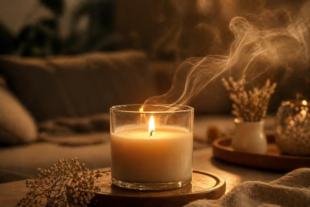 Best Candle Materials for Private Label (2026 Guide) 4 burning candle showing fragrance diffusion and scent throw in a warm interior environment